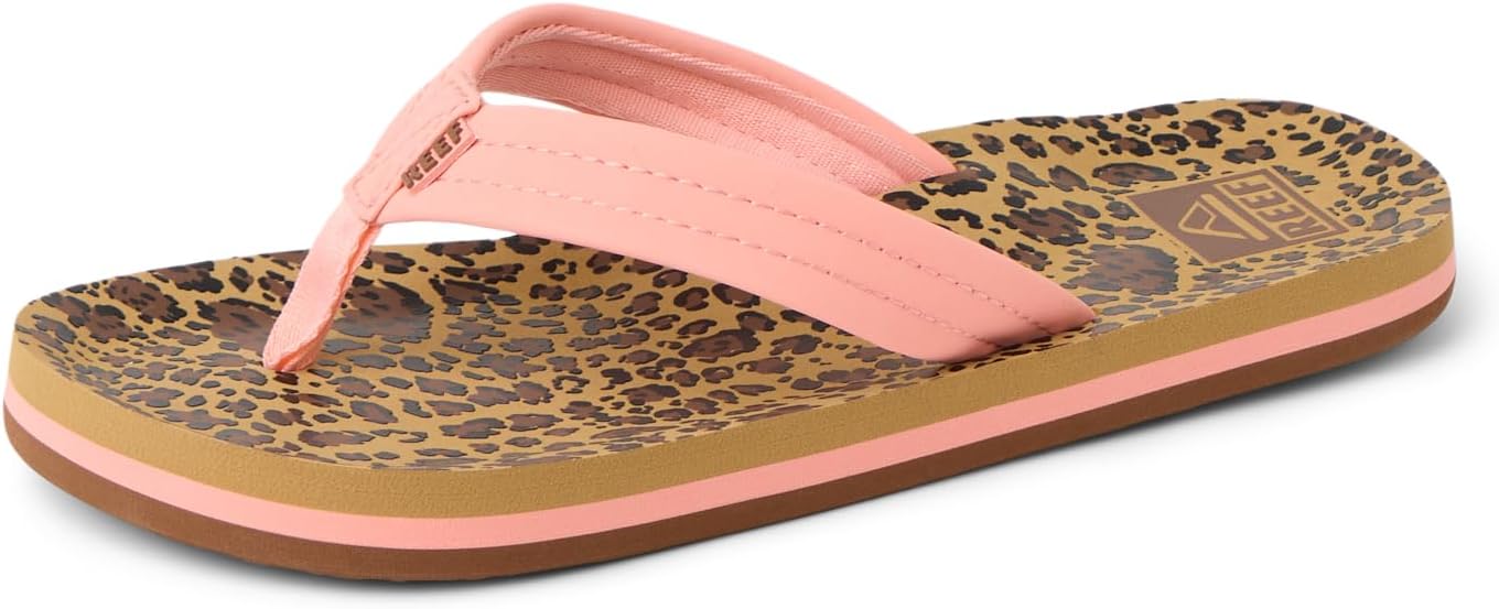 REEF Girls Kids Ahi Beach Flip Flop, Soft Cushion Footbed, Water Friendly LeopardCanyon Sunset