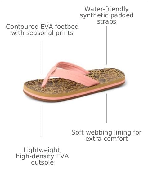 REEF Girls Kids Ahi Beach Flip Flop, Soft Cushion Footbed, Water Friendly LeopardCanyon Sunset