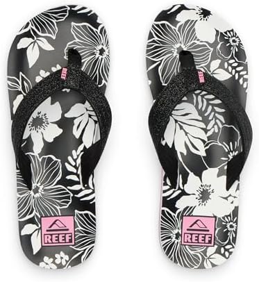 REEF Girls Kids Ahi Beach Flip Flop, Soft Cushion Footbed, Water Friendly PinkBlack Floral