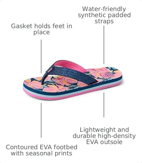 REEF Girls Kids Ahi Beach Flip Flop, Soft Cushion Footbed, Water Friendly Navy Floral