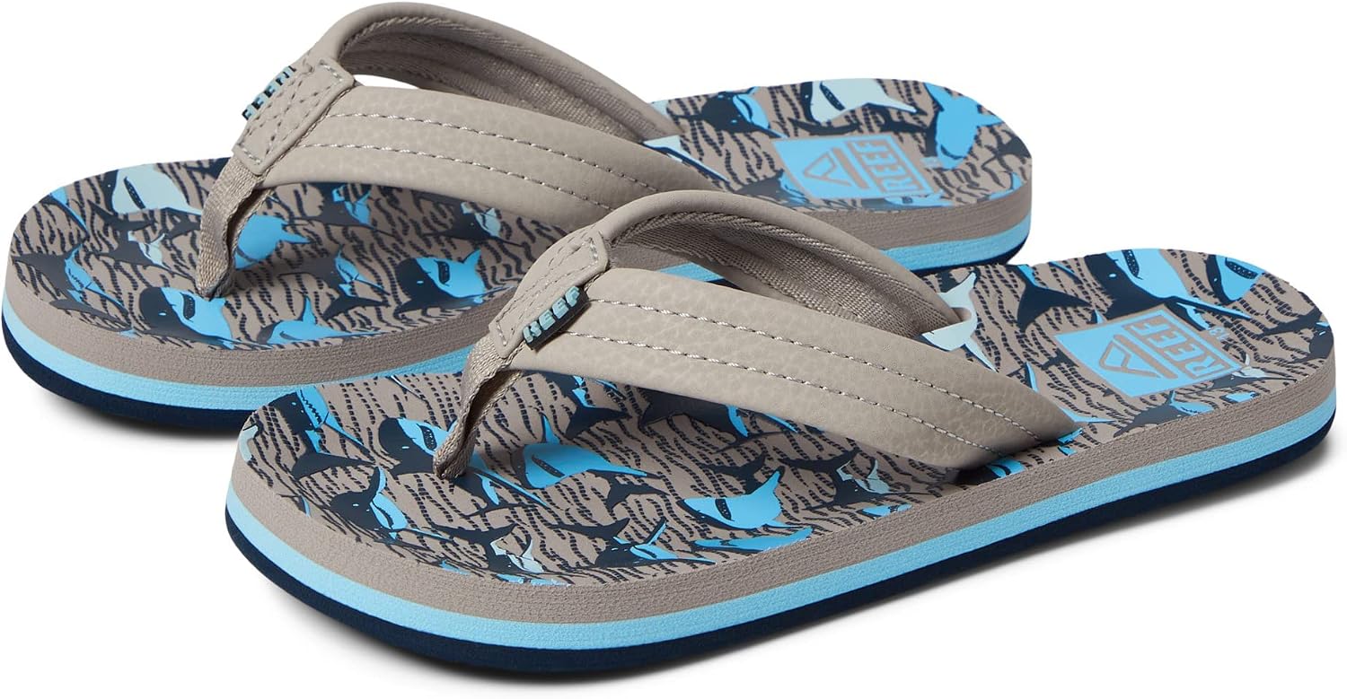 REEF Boys Kids Ahi Beach Flip Flop, Soft Cushion Footbed, Water Friendly Tan Sharks