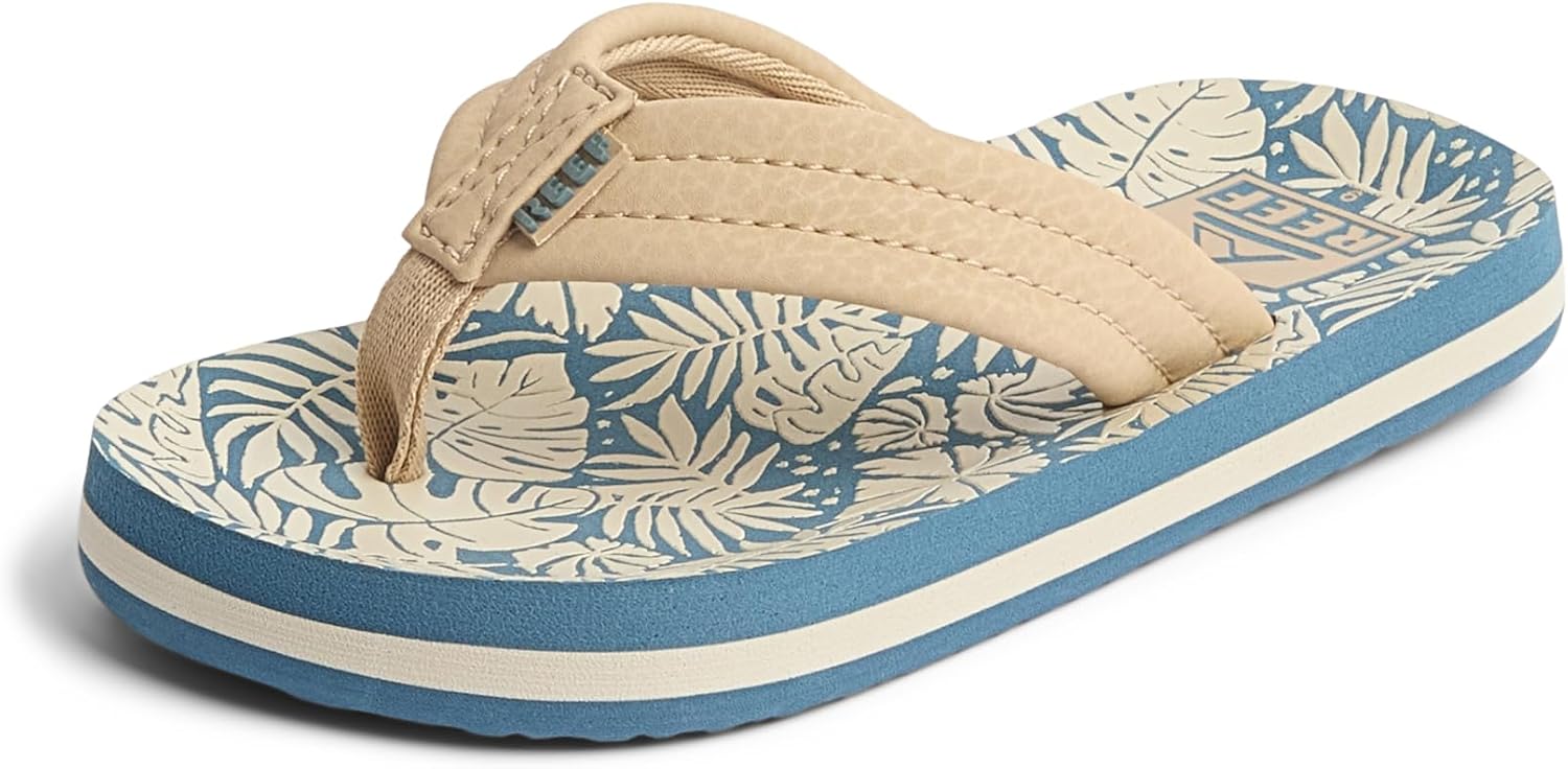 REEF Boys Kids Ahi Beach Flip Flop, Soft Cushion Footbed, Water Friendly BlueTan Palm