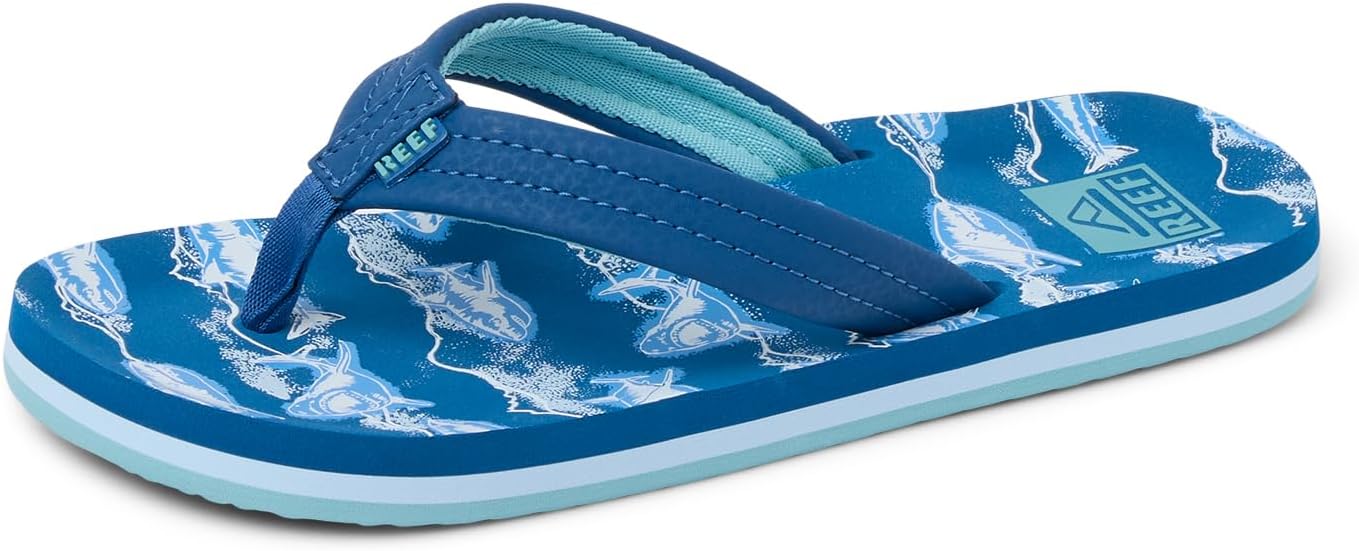 REEF Boys Kids Ahi Beach Flip Flop, Soft Cushion Footbed, Water Friendly Royal Sharks