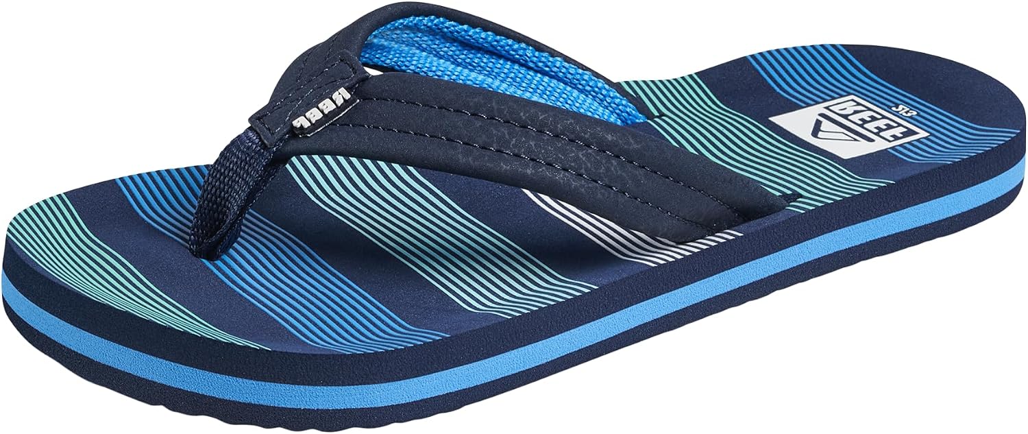 REEF Boys Kids Ahi Beach Flip Flop, Soft Cushion Footbed, Water Friendly Deep Sea Stripes