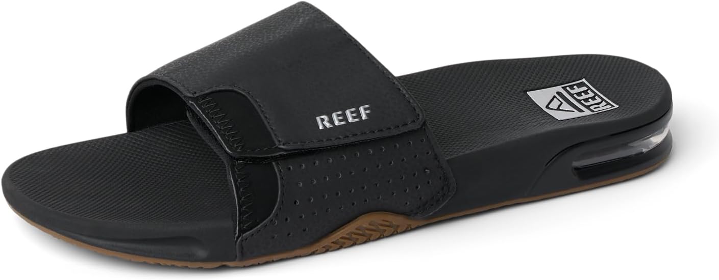 REEF Mens Fanning Slide | Bottle Opener Sandal Black-silver