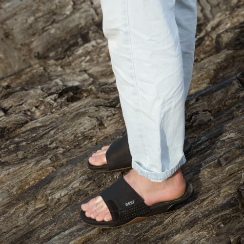 REEF Mens Fanning Slide | Bottle Opener Sandal Black-silver