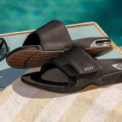 REEF Mens Fanning Slide | Bottle Opener Sandal Black-silver