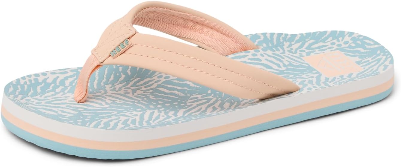 REEF Girls Kids Ahi Beach Flip Flop, Soft Cushion Footbed, Water Friendly Peach-blue Animal