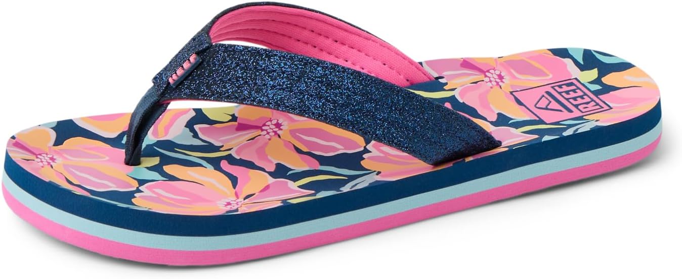 REEF Girls Kids Ahi Beach Flip Flop, Soft Cushion Footbed, Water Friendly Navy Floral