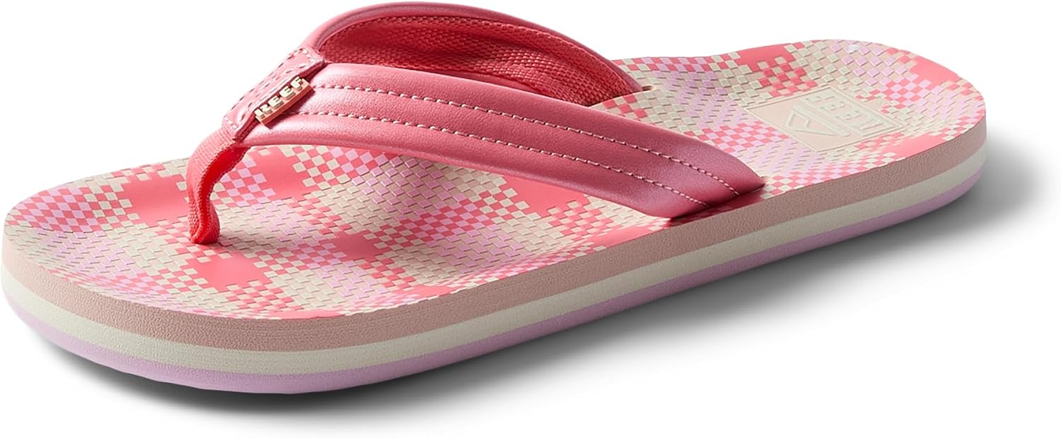 REEF Girls Kids Ahi Beach Flip Flop, Soft Cushion Footbed, Water Friendly Pink Plaid