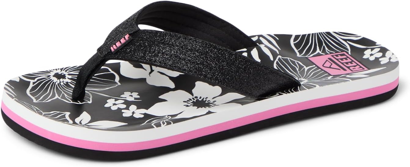 REEF Girls Kids Ahi Beach Flip Flop, Soft Cushion Footbed, Water Friendly PinkBlack Floral