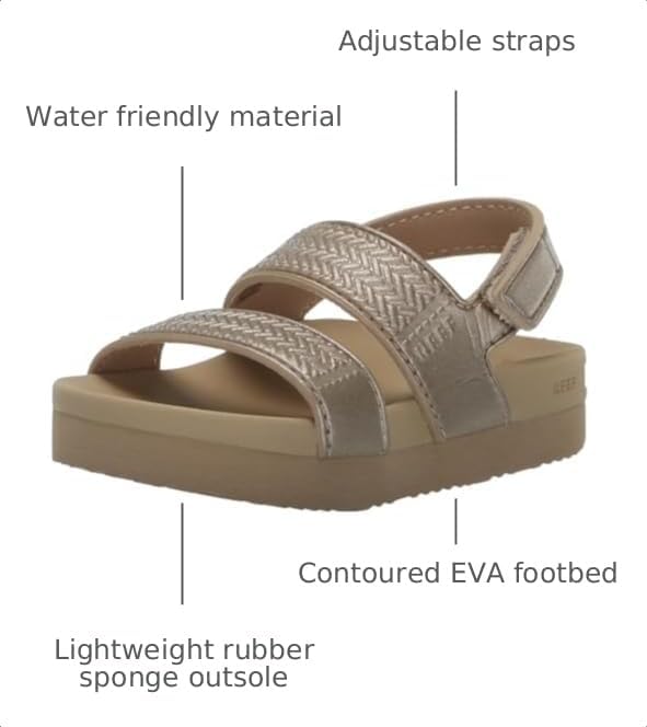 REEF Girls ToddlerLittle Kid Water Vista Platform Sandal, Water Friendly, Adjustable Strap Golden Hour