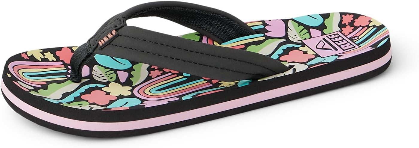 REEF Girls Kids Ahi Beach Flip Flop, Soft Cushion Footbed, Water Friendly Tropical Rainbow