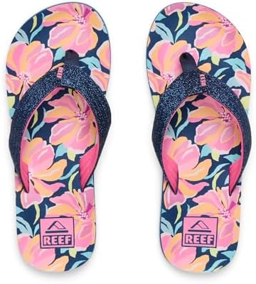 REEF Girls Kids Ahi Beach Flip Flop, Soft Cushion Footbed, Water Friendly Navy Floral